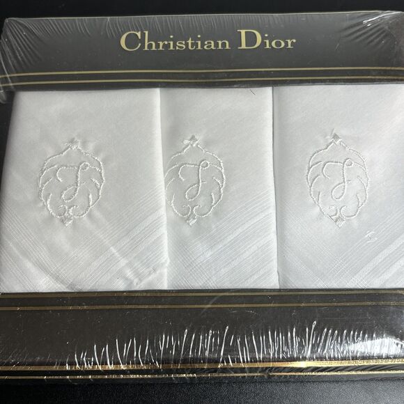 CHRISTIAN DIOR Mens "J” Monogrammed Handkerchiefs 2 3-Pack White Cotton Vintage - Picture 7 of 7